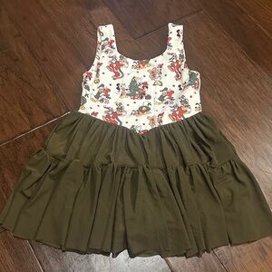 Disney Christmas Kids Casual Dress with Cartoon Print and Olive Skirt